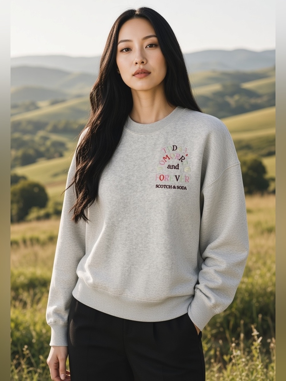 Scotch & Soda Light Gray Crewneck Sweatshirt with Embroidered Script